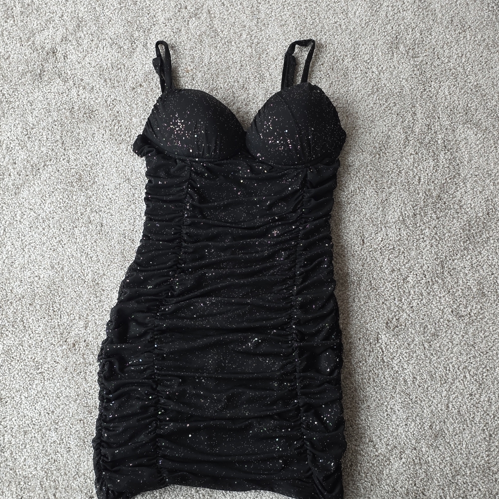 Black Ruched Glitter Dress
